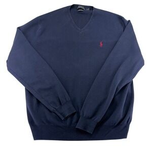 Polo Ralph Lauren Men V Neck Navy Blue Sweater Red Pony Logo Size L
